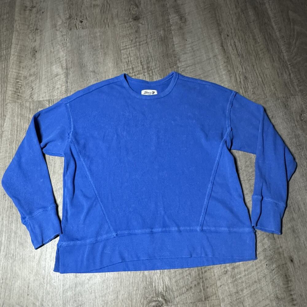 Seven7 Womens XL Blue Acid Wash Waffle Knit Thermal Long Sleeve Top Crewneck